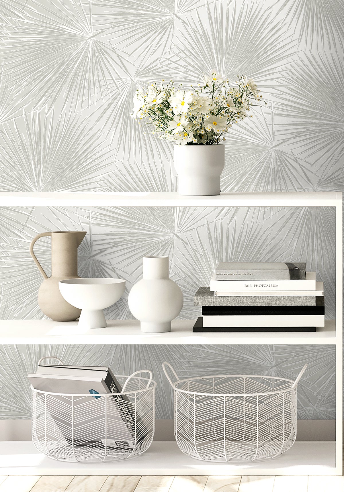Elvis Palms Metallic Boulder Grey by Piano Palm Frond Wallpaper – Seabrook Designs WH41505
