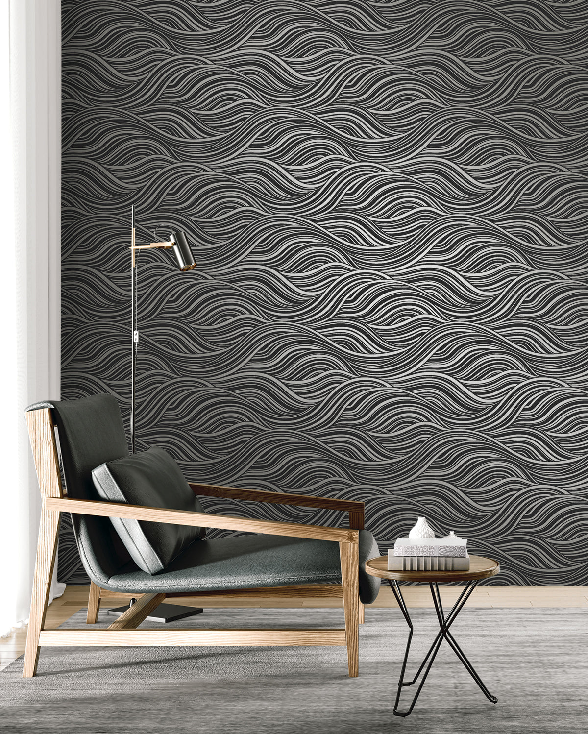 Melody Waves Metallic Charcoal & Black by Piano Abstract Wave Wallpaper – Seabrook Designs WH41700