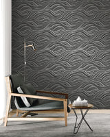 Melody Waves Metallic Charcoal & Black by Piano Abstract Wave Wallpaper – Seabrook Designs WH41700