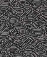 Melody Waves metallic charcoal and black abstract wave wallpaper with a flowing wavy line pattern and metallic finish.