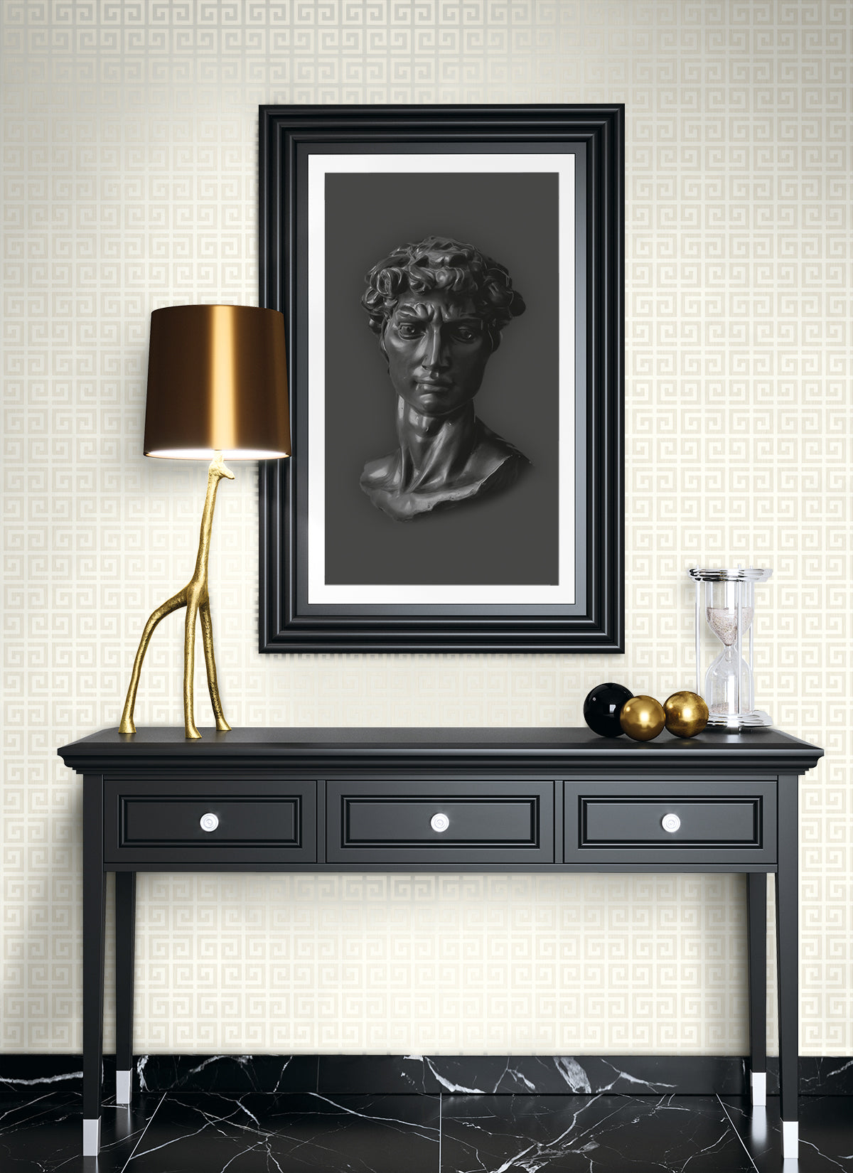 Major Greek Key Metallic Oatmeal by Piano Geometric Wallpaper – Seabrook Designs WH41913