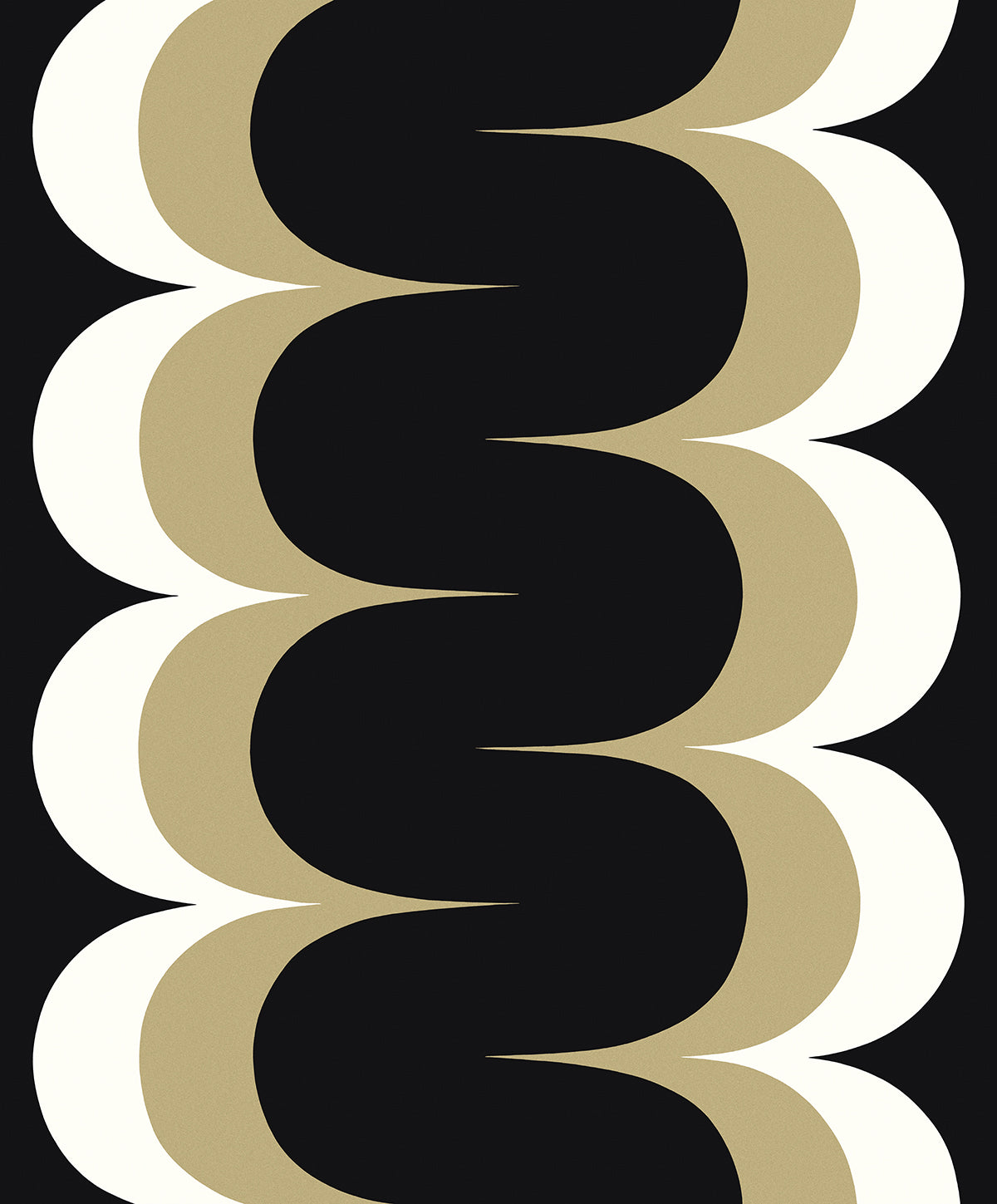Mandolin Geometric Stripe wallpaper in black with metallic golden straw and ivory scalloped geometric stripes.