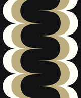 Mandolin Geometric Stripe wallpaper in black with metallic golden straw and ivory scalloped geometric stripes.