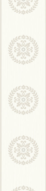 Cream and metallic medallion wallpaper border with repeating circular wreath motif