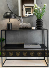 Ronan Medallion Black and Metallic Gold by Piano Geometric Medallion Border Wallpaper – Seabrook Designs WH42206