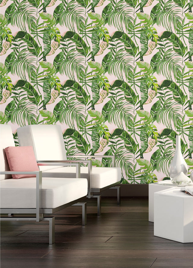 Grover Light Pink Palmera Wallpaper with Tropical Botanical Leaves - ohpopsi WLD53103W