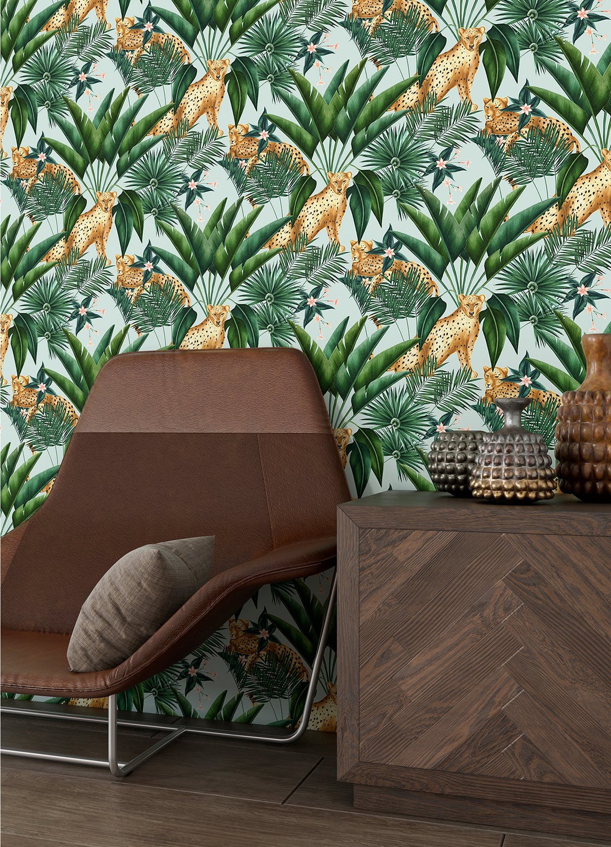 Augustus Aqua Jungle Cheetah Wallpaper with Tropical Non Woven Pattern - ohpopsi WLD53107W