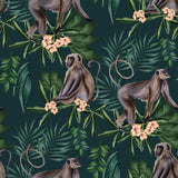 Morris Dark Blue Tropical Jungle Wallpaper with Monkeys Pattern, Tropical Style - WLD53109W