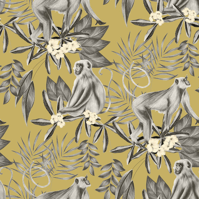 Morris Mustard Tropical Jungle Wallpaper with Monkeys Pattern, Tropical Style - ohpopsi WLD53110W