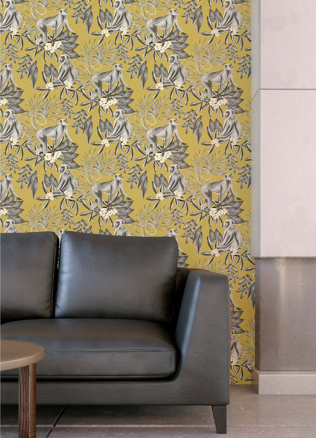 Morris Mustard Tropical Jungle Wallpaper with Monkeys Pattern, Tropical Style - ohpopsi WLD53110W