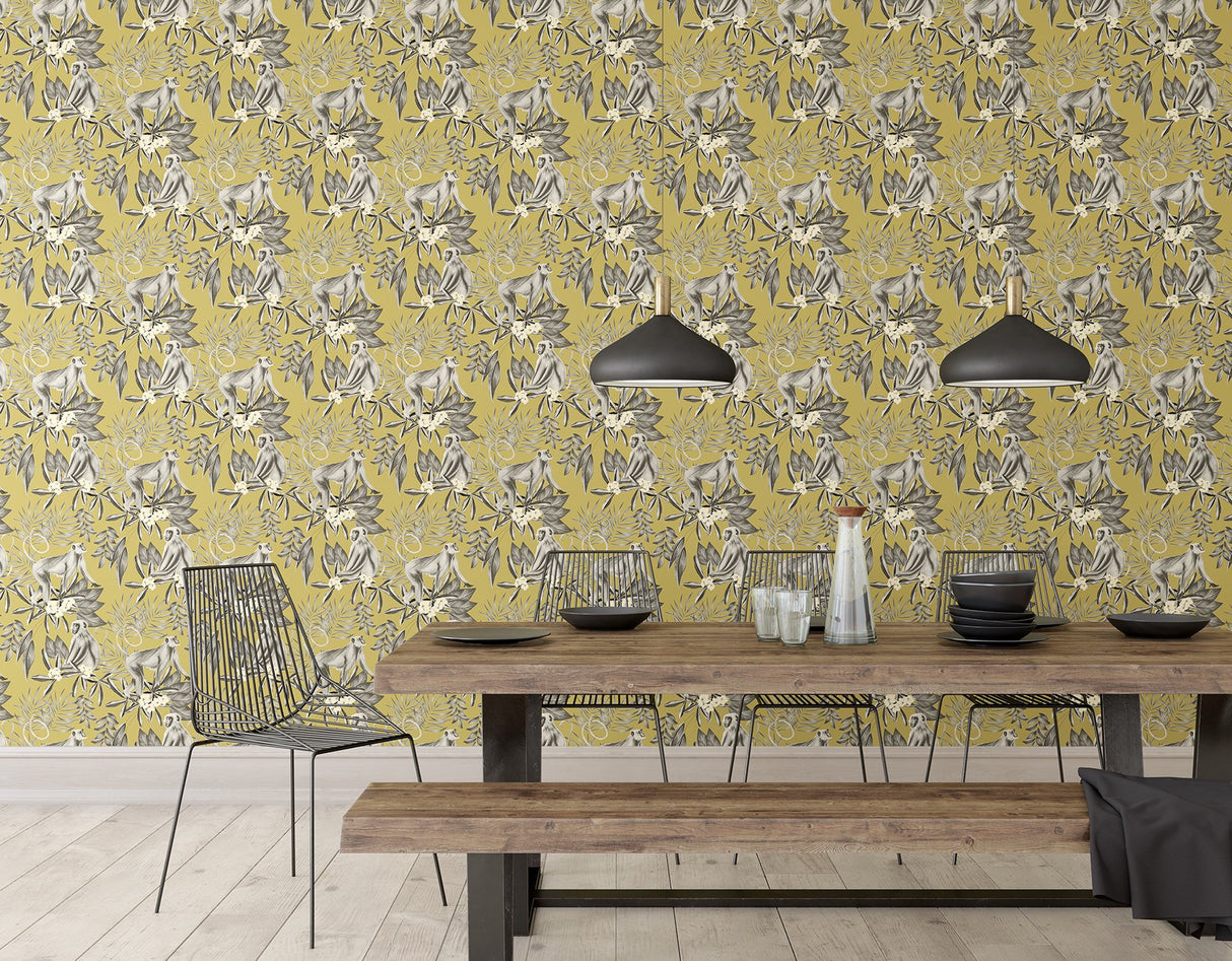 Morris Mustard Tropical Jungle Wallpaper with Monkeys Pattern, Tropical Style - ohpopsi WLD53110W