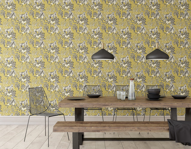 Morris Mustard Tropical Jungle Wallpaper with Monkeys Pattern, Tropical Style - ohpopsi WLD53110W