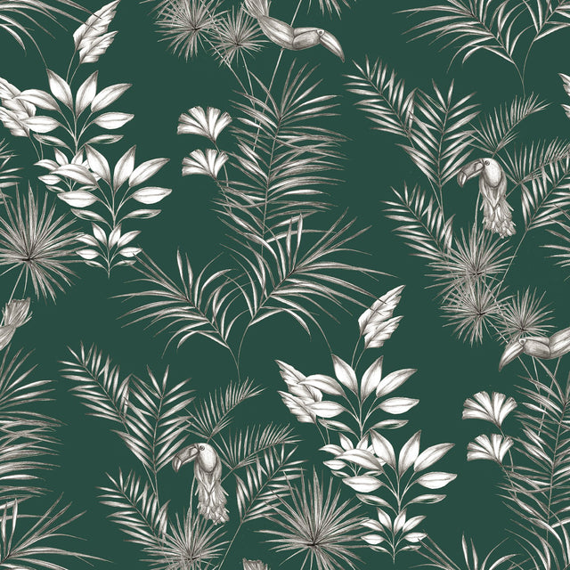 Shelly Green Toucan Toile Wallpaper with Botanical Toile Pattern - ohpopsi WLD53111W