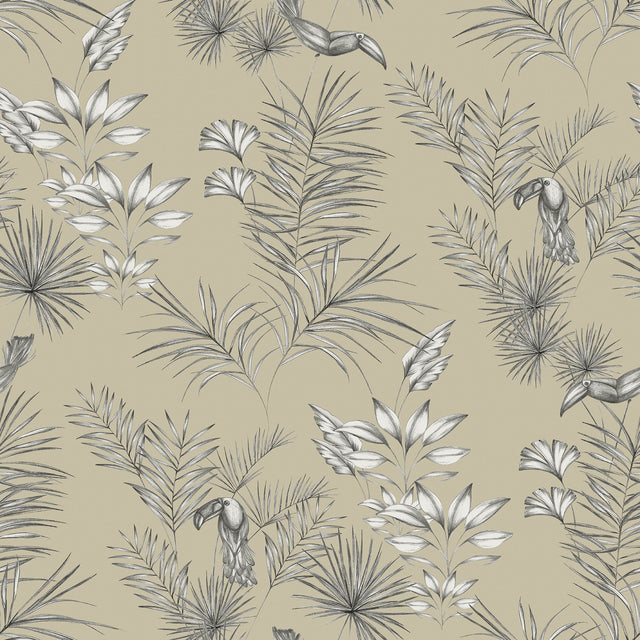 Shelly Grey Toucan Toile Wallpaper with Botanical Tropical Toile Pattern - Brewster WLD53112W
