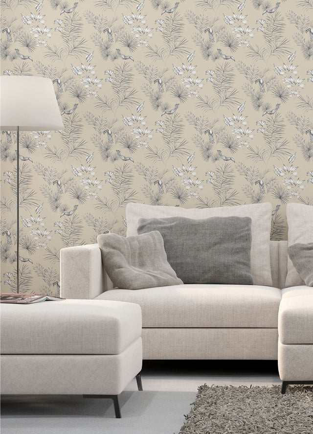 Shelly Grey Toucan Toile Wallpaper with Botanical Tropical Toile Pattern - Brewster WLD53112W