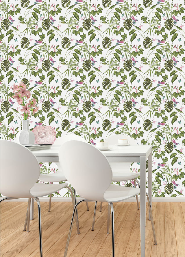 Clivia White Hummingbird Wallpaper with Botanical Hummingbirds & Butterflies  ohpopsi WLD53114W