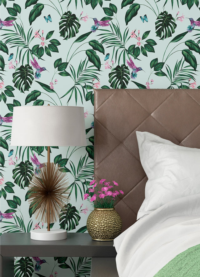 Clivia Mint Hummingbird Wallpaper with Botanical Tropical Birds Motif - ohpopsi WLD53115W