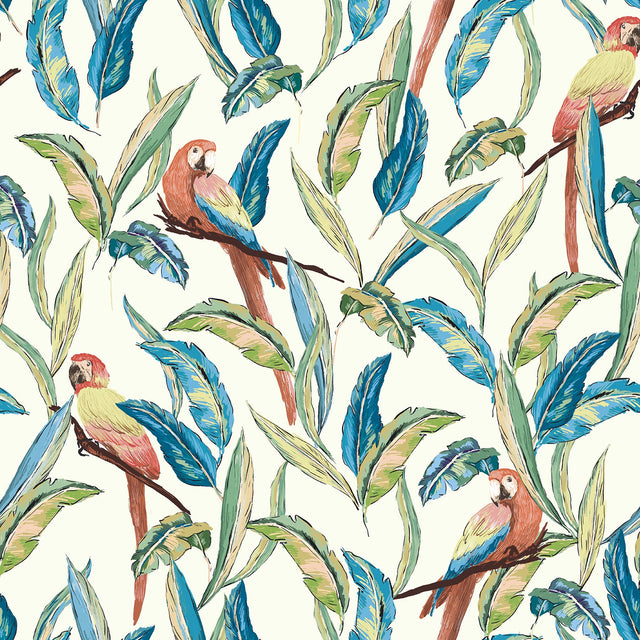 Timor White Tropical Parrot Wallpaper with Botanical Parrot Pattern, Tropical Style - ohpopsi WLD53116W