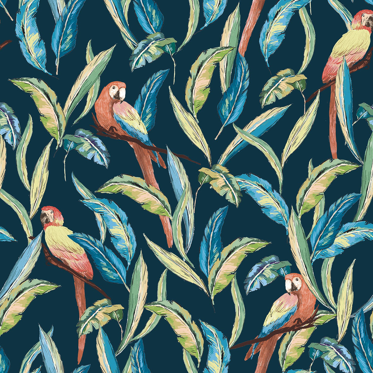 Timor Indigo Parrot Wallpaper with Tropical Botanical Parrot Motif - Brewster WLD53117W