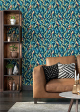Timor Indigo Parrot Wallpaper with Tropical Botanical Parrot Motif - Brewster WLD53117W