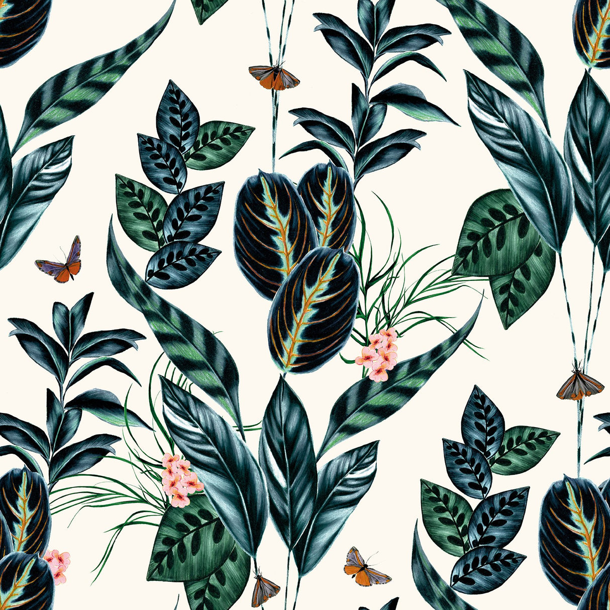 Spirit Indigo Tropical Foliage Blue Wallpaper with Whimsical Botanical Leaf and Butterfly Motif - ohpopsi WLD53122W