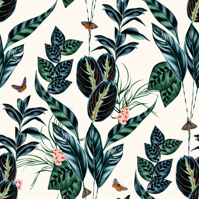 Spirit Indigo Tropical Foliage Blue Wallpaper with Whimsical Botanical Leaf and Butterfly Motif - ohpopsi WLD53122W