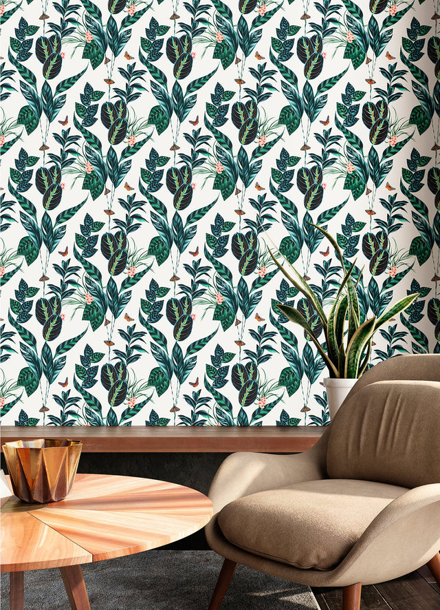 Spirit Indigo Tropical Foliage Blue Wallpaper with Whimsical Botanical Leaf and Butterfly Motif - ohpopsi WLD53122W
