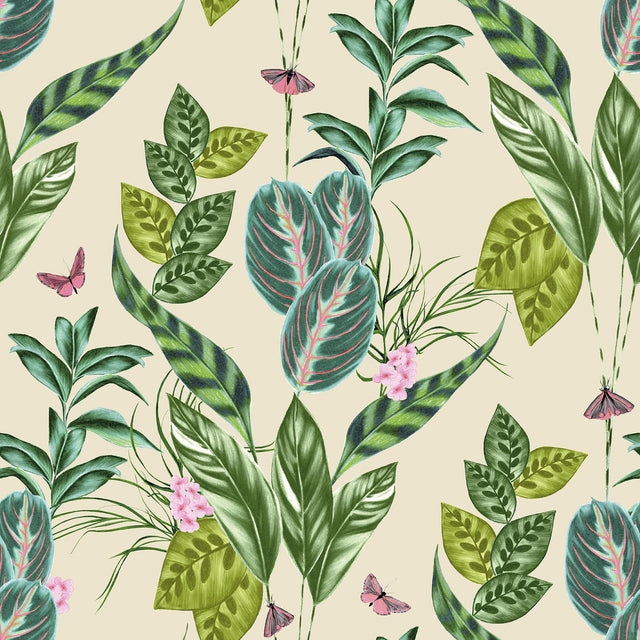 Spirit Green Tropical Foliage Wallpaper with Whimsical Botanical Leaves Pattern - ohpopsi WLD53123W