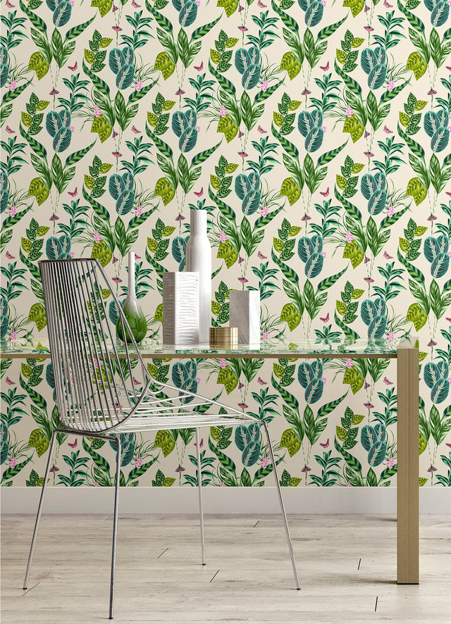 Spirit Green Tropical Foliage Wallpaper with Whimsical Botanical Leaves Pattern - ohpopsi WLD53123W