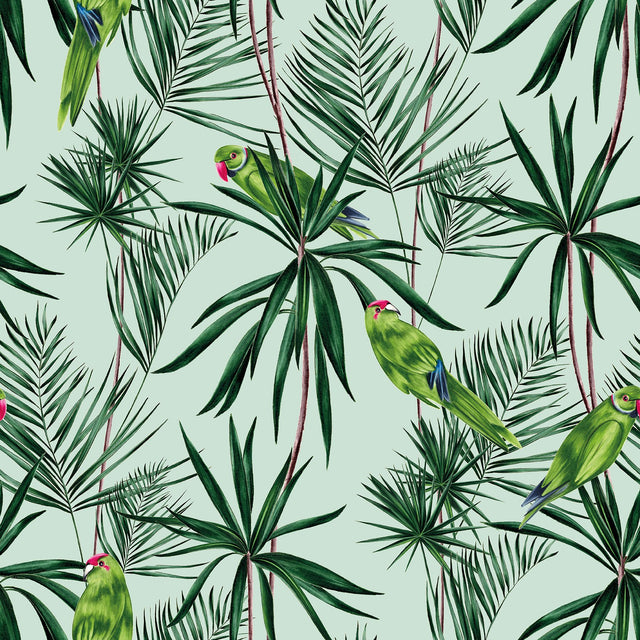 Pebbles Mint Paradise Wallpaper with Tropical Botanical Parrot Pattern - ohpopsi WLD53124W