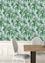 Pebbles Mint Paradise Wallpaper with Tropical Botanical Parrot Pattern - ohpopsi WLD53124W
