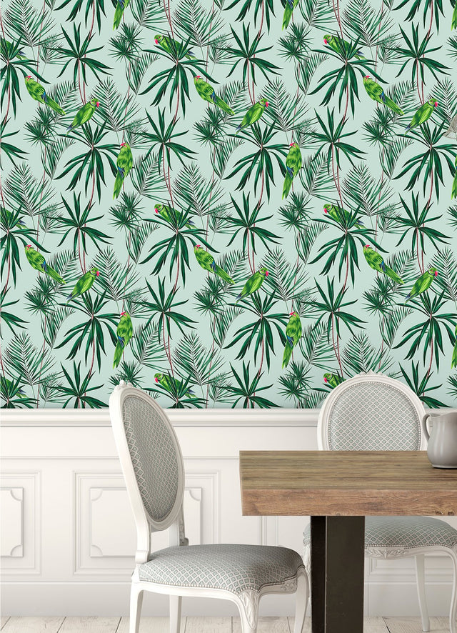 Pebbles Mint Paradise Wallpaper with Tropical Botanical Parrot Pattern - ohpopsi WLD53124W