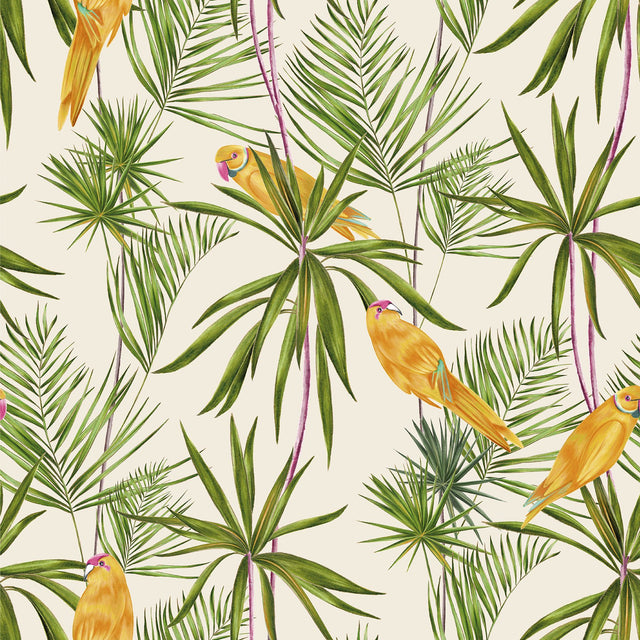 Pebbles Green Paradise Wallpaper with Tropical Botanical Parrots - ohpopsi WLD53125W