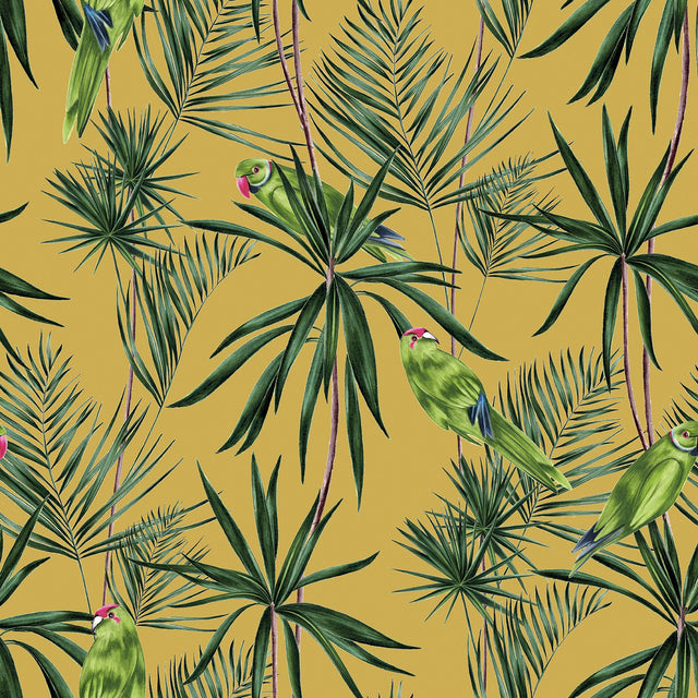 Pebbles Mustard Paradise Wallpaper with Tropical Green Parrot and Palm Motif - ohpopsi WLD53126W