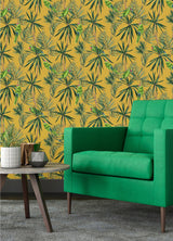 Pebbles Mustard Paradise Wallpaper with Tropical Green Parrot and Palm Motif - ohpopsi WLD53126W