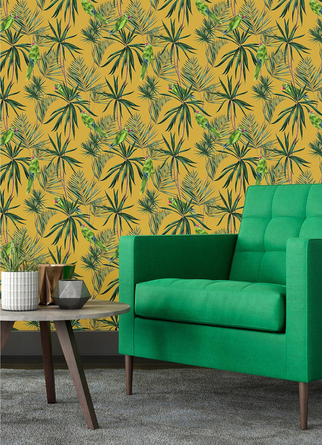 Pebbles Mustard Paradise Wallpaper with Tropical Green Parrot and Palm Motif - ohpopsi WLD53126W