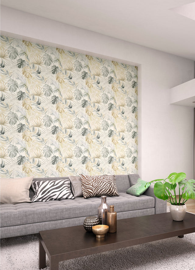 Lana Light Grey Tropica Wallpaper with Watercolor Leaf Motif - ohpopsi WLD53130W