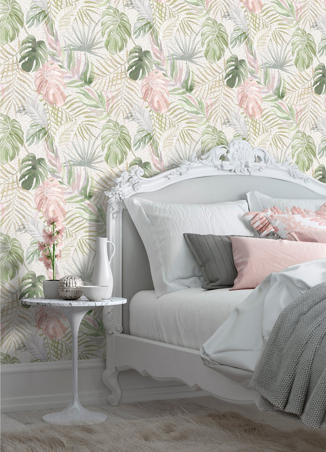 Lana Sage Tropica Wallpaper with Botanical Leaves Watercolor Tropical Style - WLD53131W