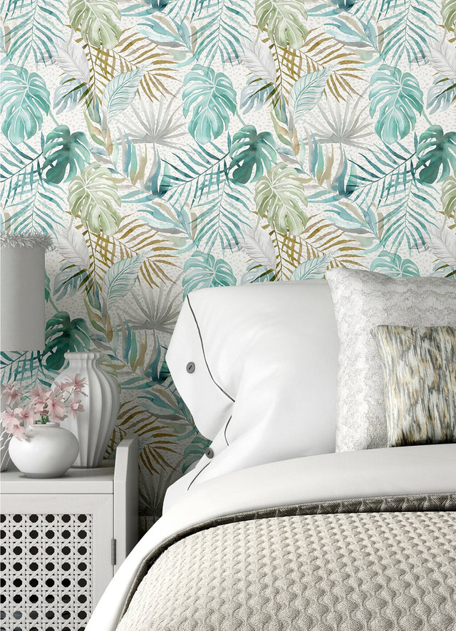 Lana Aqua Tropica Wallpaper with Botanical Leaf Pattern - ohpopsi WLD53132W