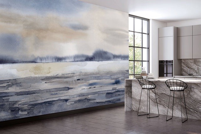 Winter Sunset Blue Scenic Wall Mural with Nature Graphics Pattern - WND50107M