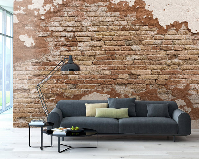 Distressed Brick Wall Mural Orange Faux Effects Industrial - WR50508