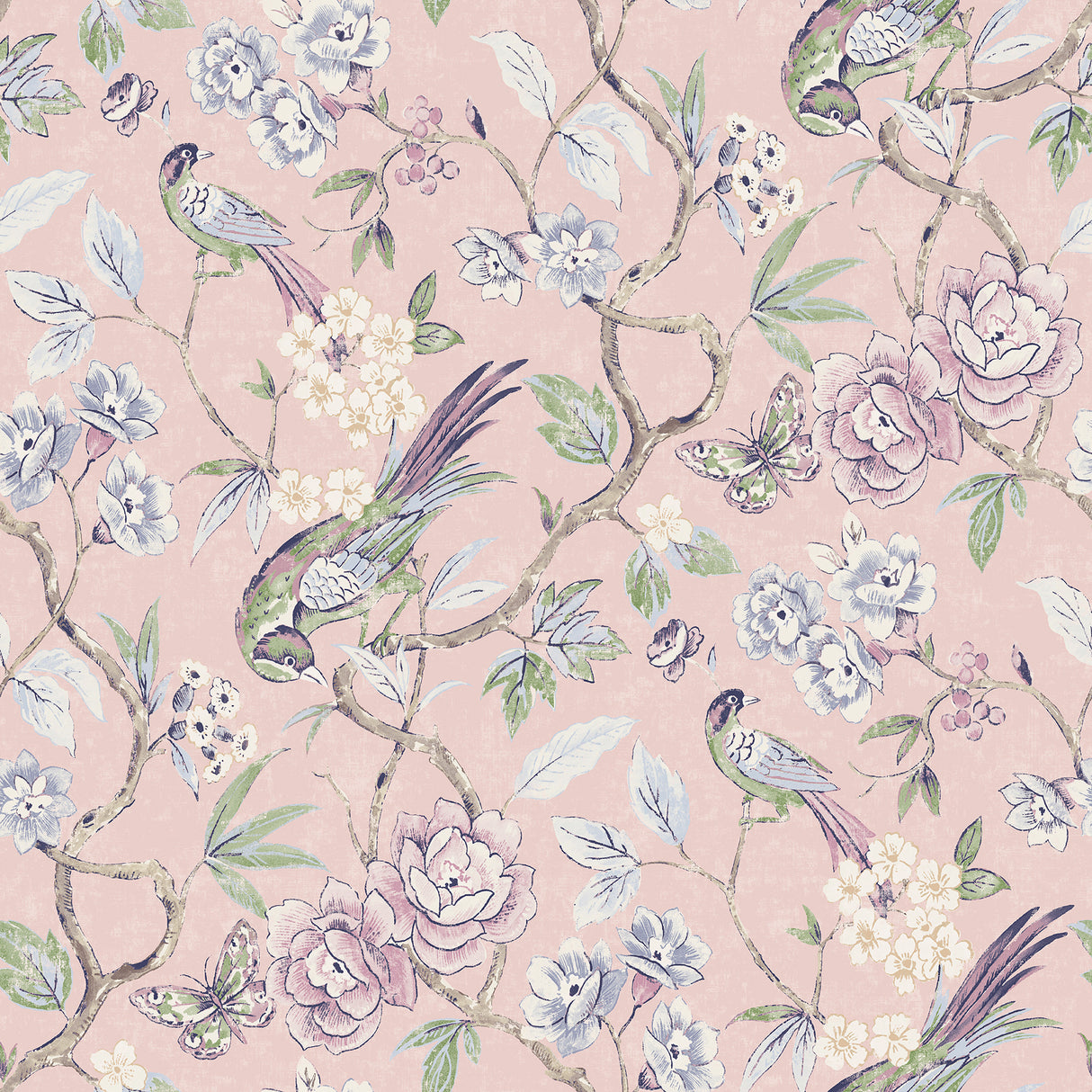Aviary Garden Pink Peel and Stick Wallpaper by NuWallpaper - WVS6471