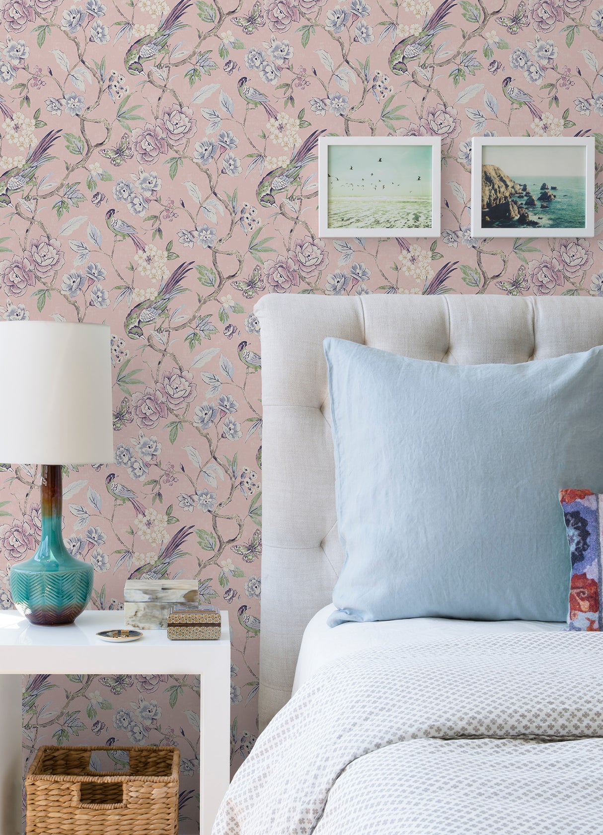 Aviary Garden Pink by NuWallpaper Romantic Chinoiserie Birds and Blooming Florals Transitional Peel and Stick Wallpaper - WVS6471