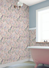 Aviary Garden Pink by NuWallpaper Romantic Chinoiserie Birds and Blooming Florals Transitional Peel and Stick Wallpaper - WVS6471