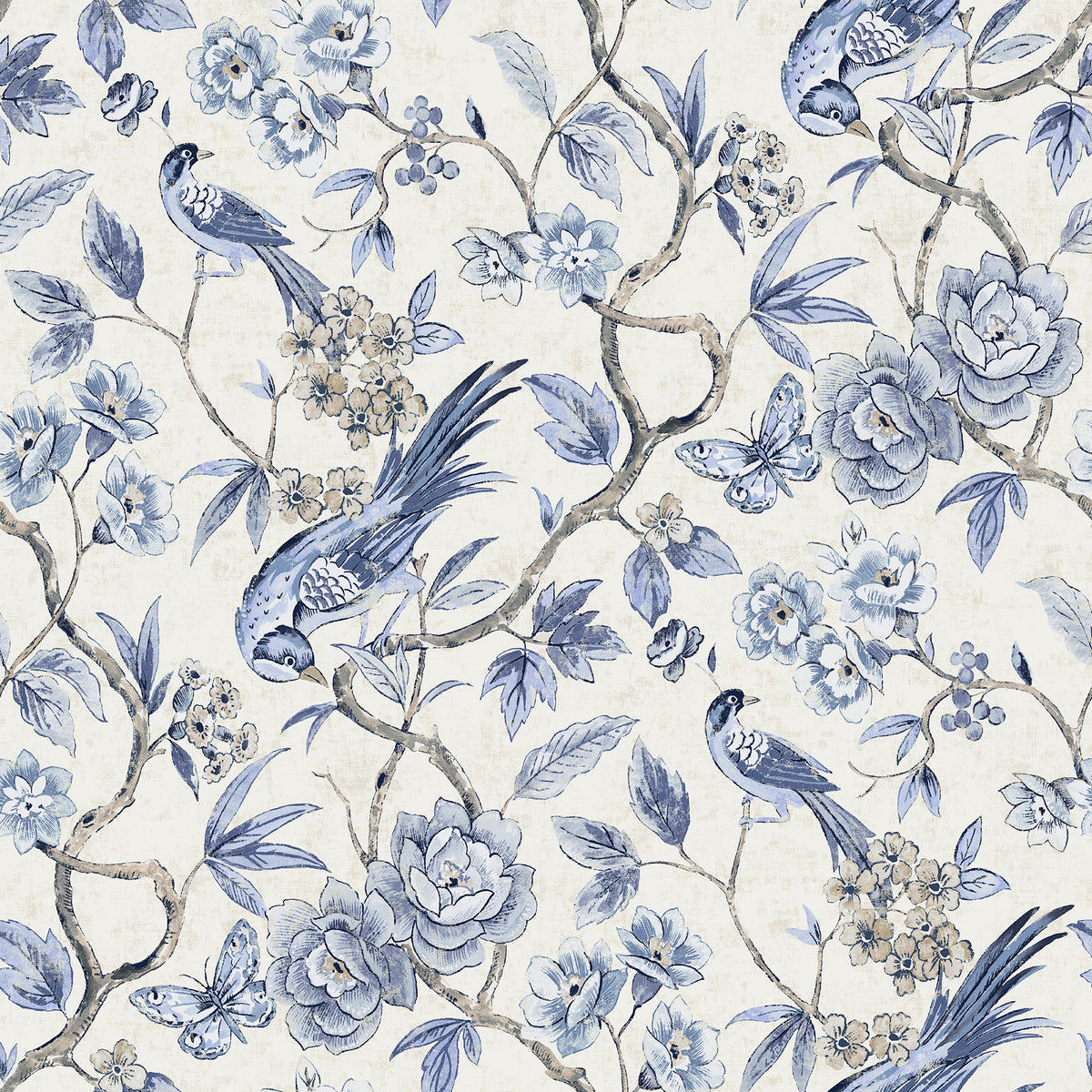 Aviary Garden Blue Chinoiserie Bird and Floral Peel and Stick Wallpaper by NuWallpaper - WVS6472