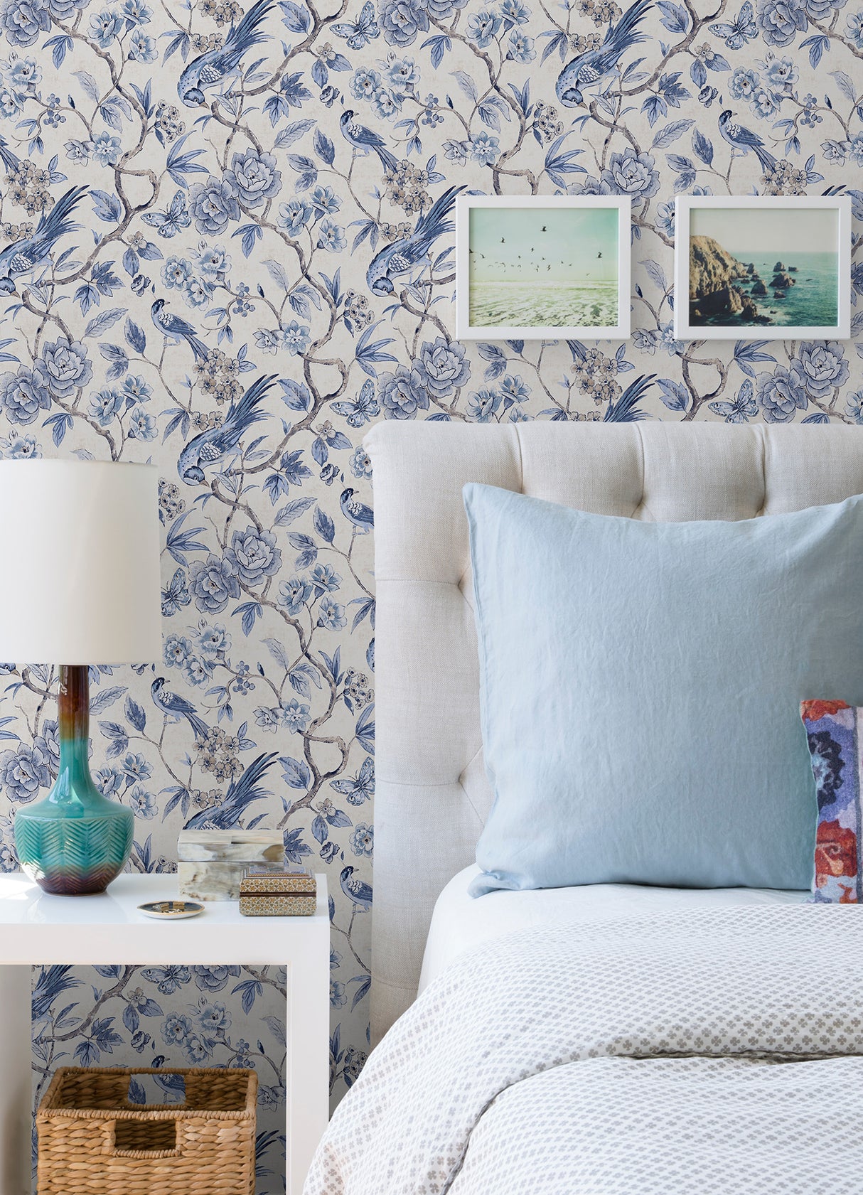 Aviary Garden Blue Chinoiserie Bird and Floral Peel and Stick Wallpaper by NuWallpaper - Waverly WallPops Collection - WVS6472