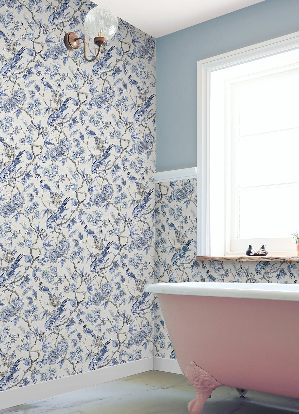 Aviary Garden Blue Chinoiserie Bird and Floral Peel and Stick Wallpaper by NuWallpaper - Waverly WallPops Collection - WVS6472