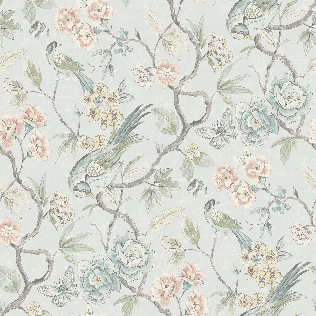 Aviary Garden Aqua Peel and Stick Wallpaper featuring chinoiserie birds, butterflies, and blooming florals on a soft aqua background by NuWallpaper - WVS6473