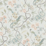 Aviary Garden Aqua Peel and Stick Wallpaper featuring chinoiserie birds, butterflies, and blooming florals on a soft aqua background by NuWallpaper - WVS6473