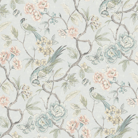 Aviary Garden Aqua Peel and Stick Wallpaper featuring chinoiserie birds, butterflies, and blooming florals on a soft aqua background by NuWallpaper - WVS6473